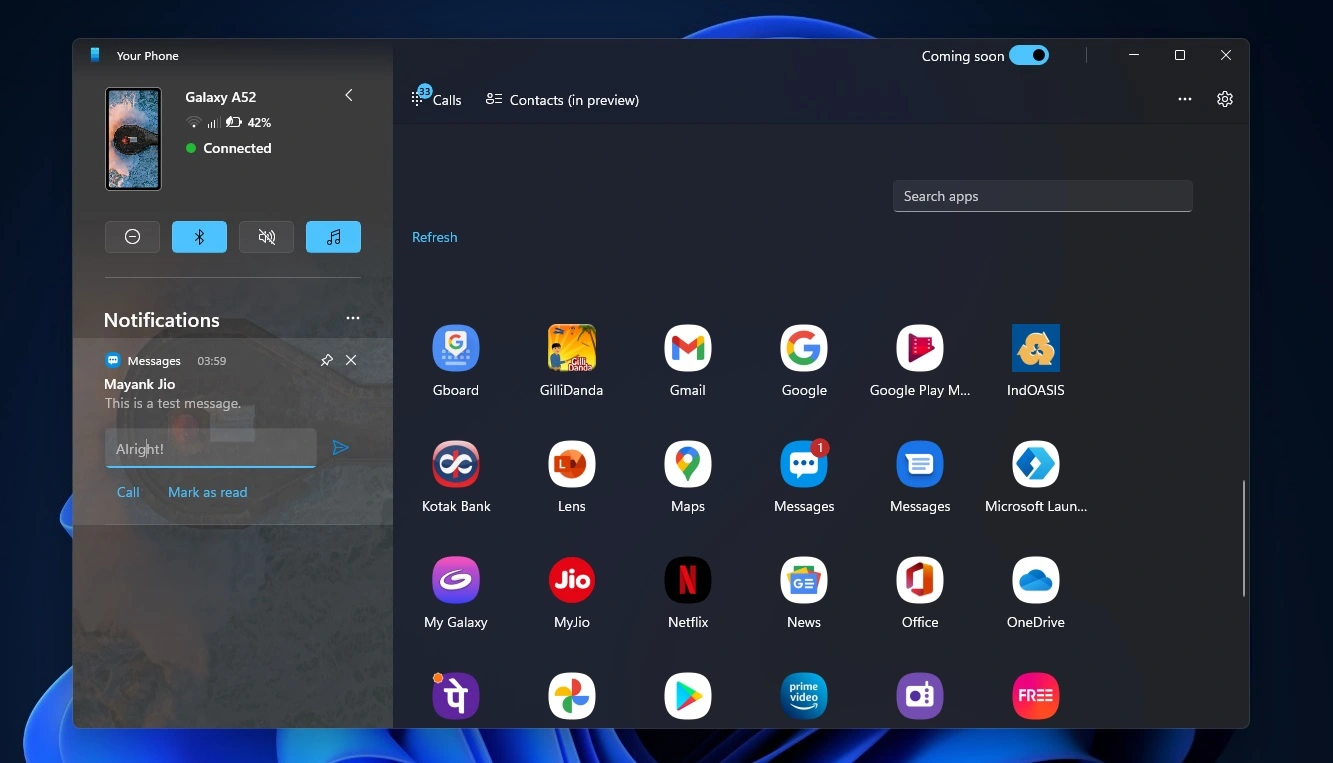 The Phone Link dashboard on a Windows PC showing a successfully connected Android phone with active messaging and notification syncing.