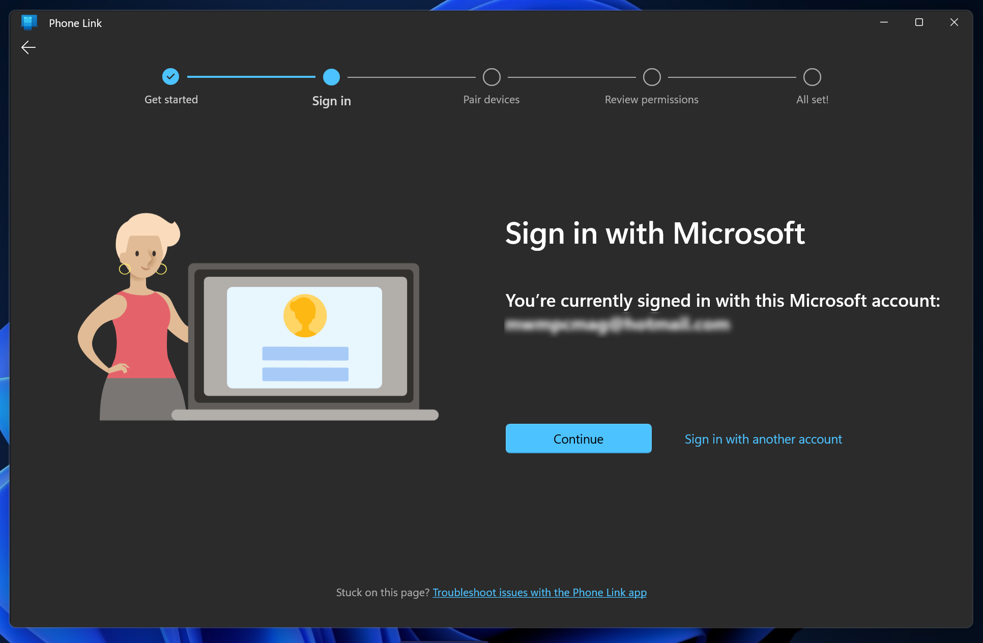 The Microsoft account sign-in screen within the Phone Link app on a Windows PC.