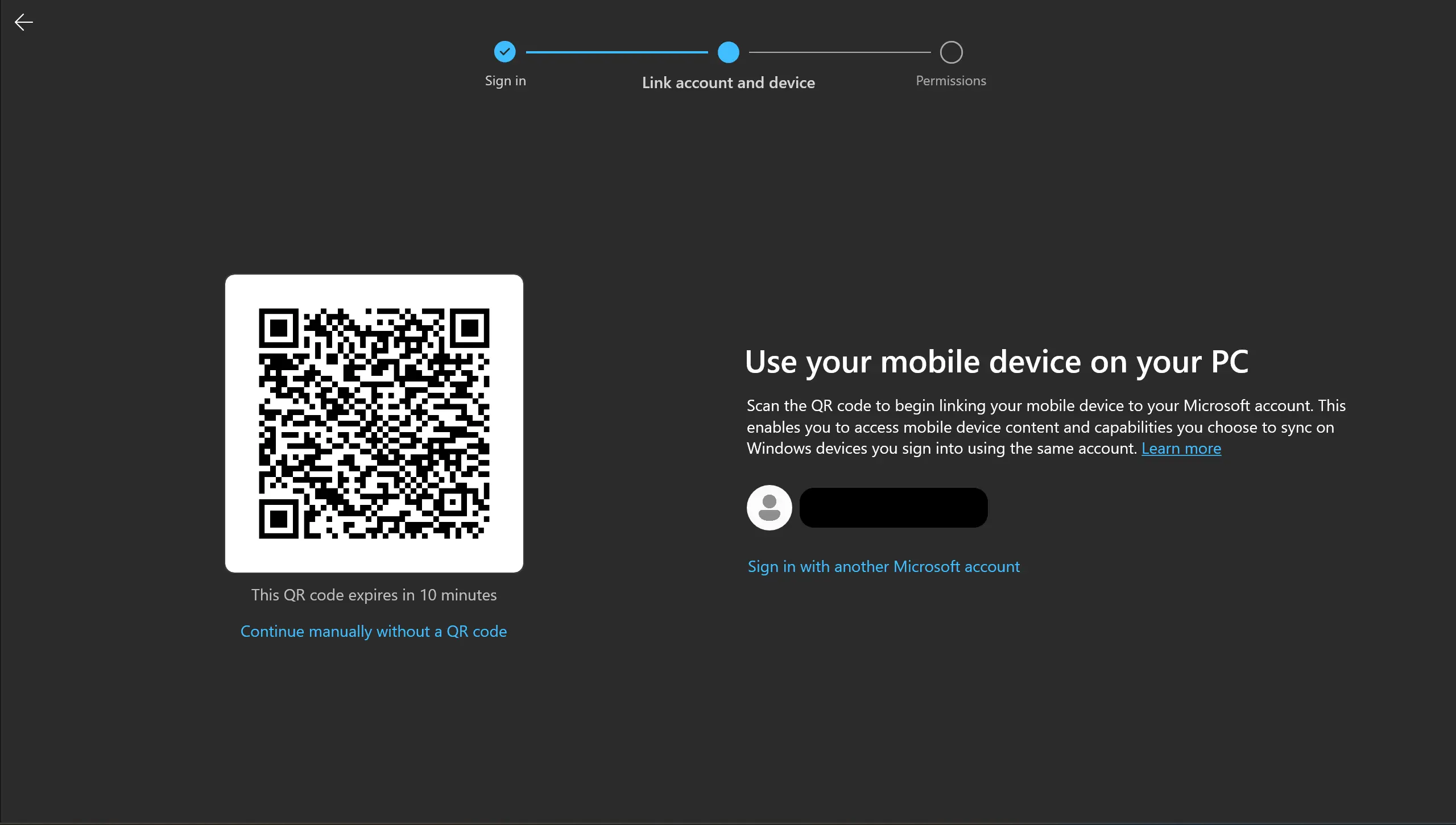 QR code displayed in the Phone Link app on Windows for pairing a mobile device via aka.ms/phonelink.