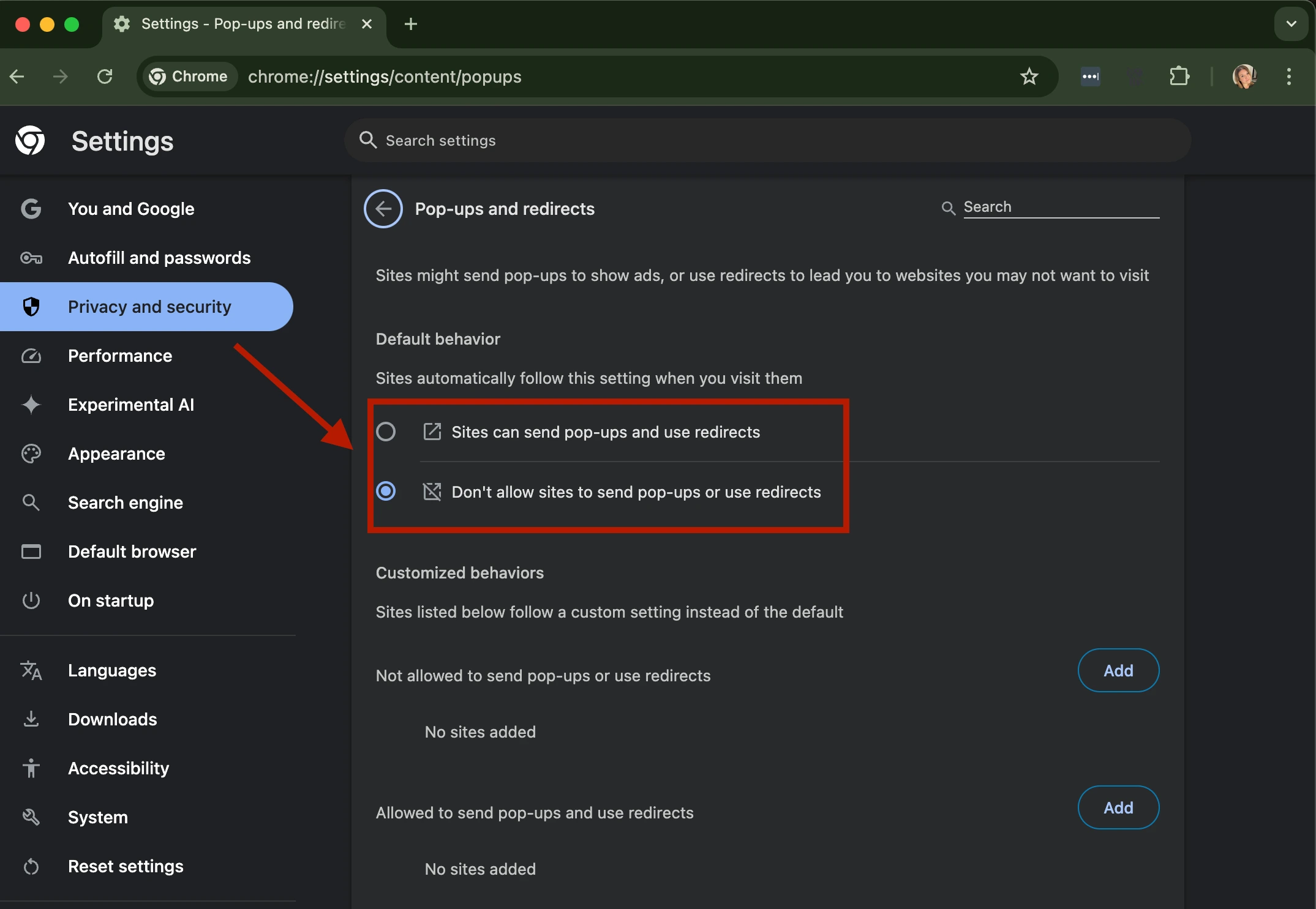 Google Chrome settings page under Privacy and Security showing the 'Pop-ups and redirects' option toggled to Allow.