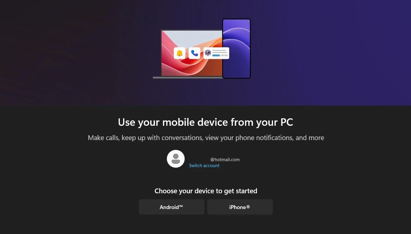 Selection screen in the Phone Link app for choosing between Android or iPhone setup.