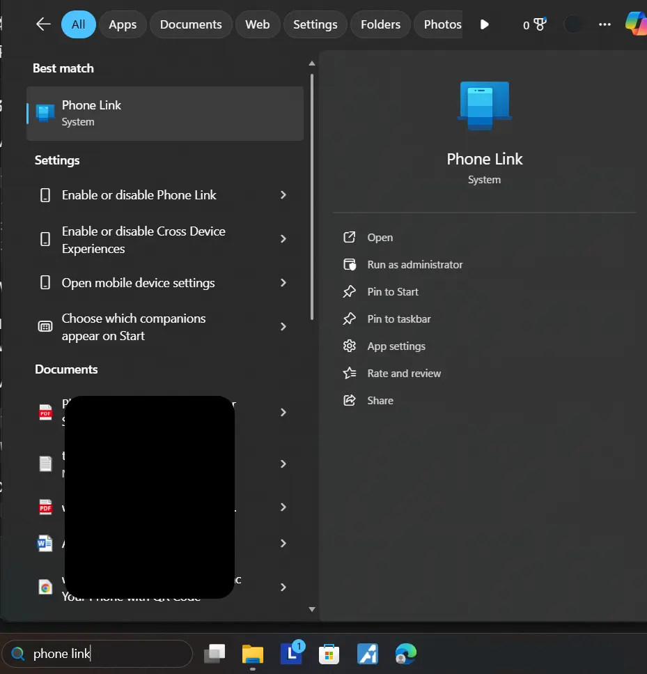 Windows Start menu showing the Phone Link app as the top search result.