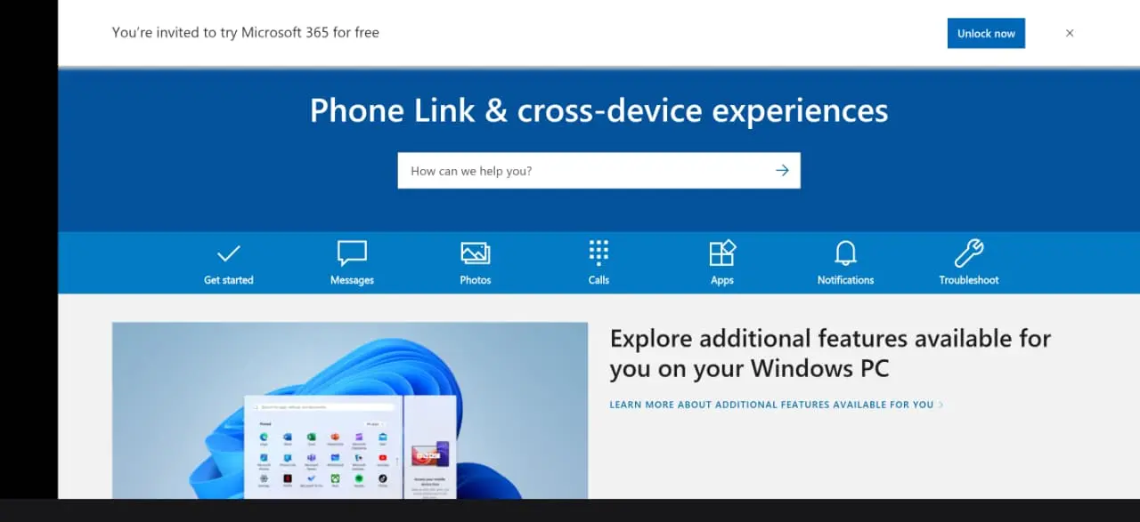 Screenshot of a mobile phone displaying a Microsoft help page instead of the Phone Link setup, illustrating the result of opening the link on a mobile device.
