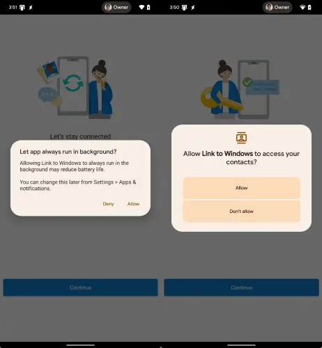 Two screenshots of the Link to Windows app on Android showing system prompts to allow access to messages, calls, and notifications.